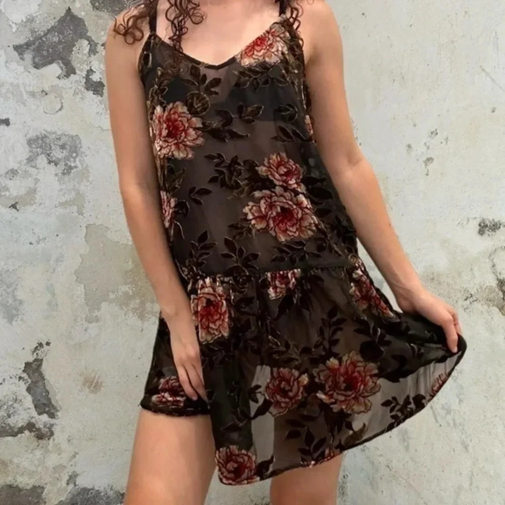 American Eagle Y2K Velvet Burnout Brown Ruffle Bohemian Floral Dress Size XS
